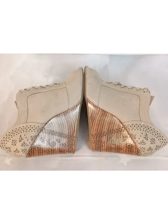 Gianni Bini Tan Leather Peep Toe Wedge Bootie Lace Up Laser Cut Sz 7 - Picture 6 of 10